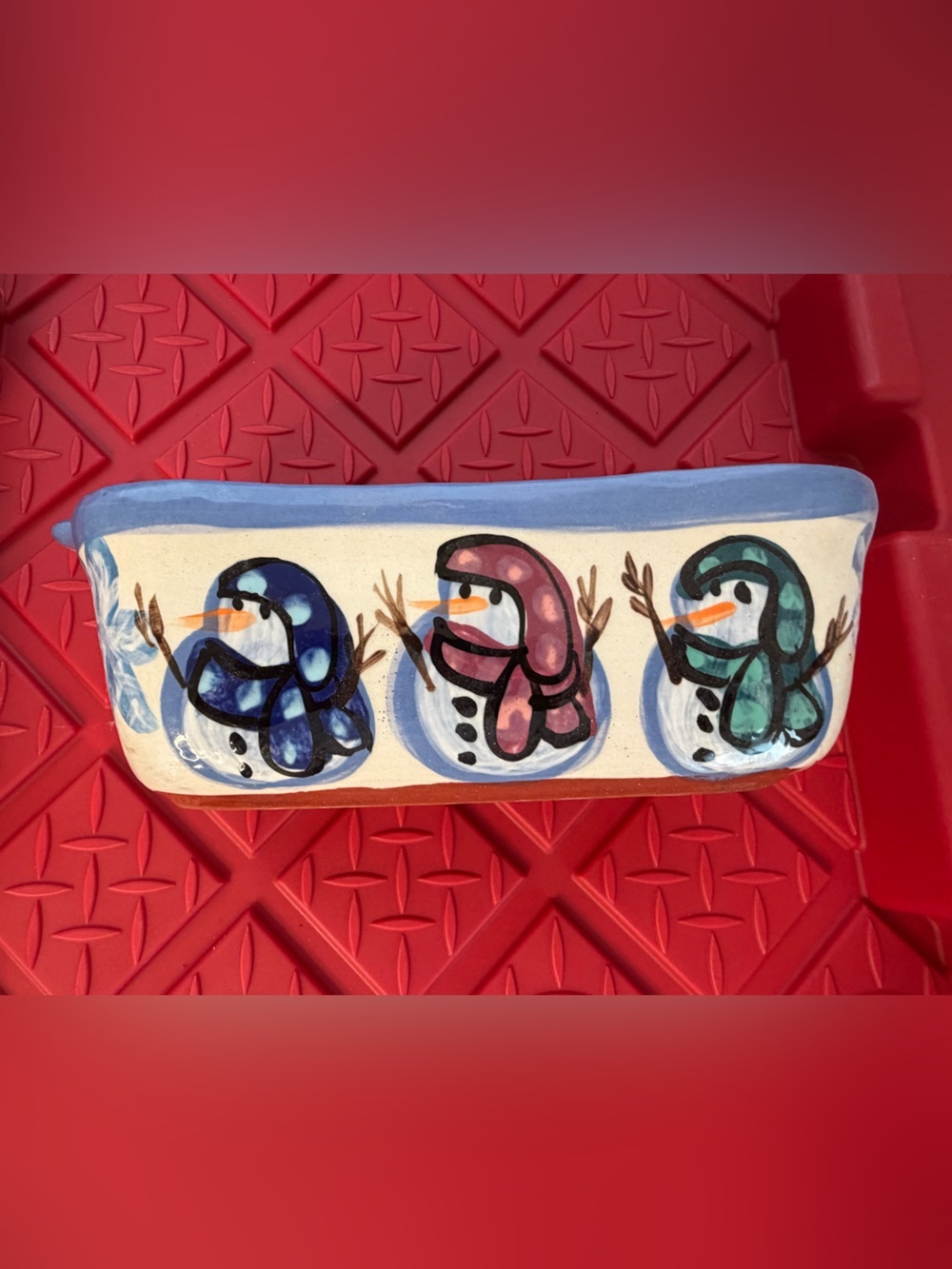 Handcrafted Snowmen Ceramic Bread Pan - Terracotta Finish